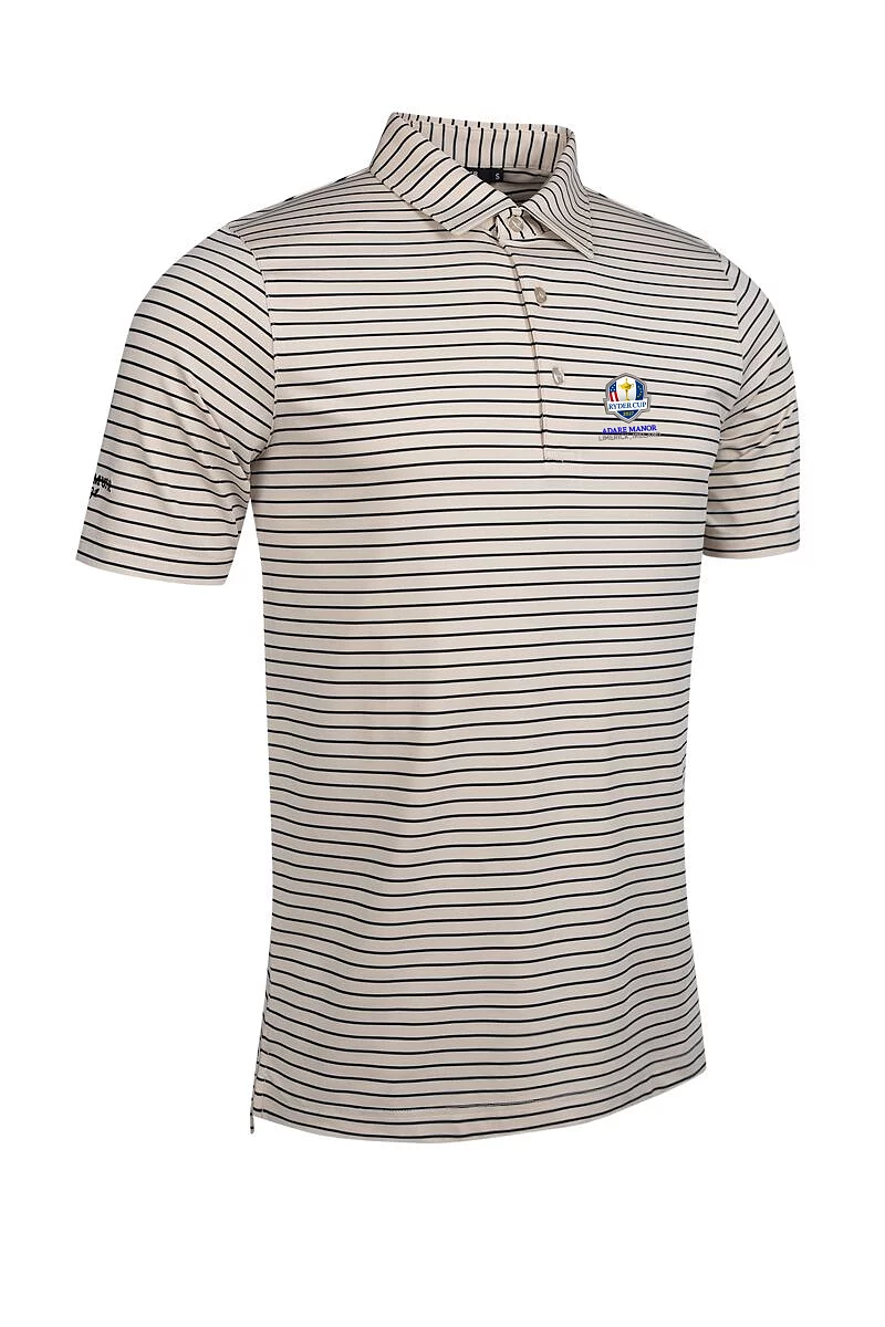 Official Ryder Cup 2027 Mens Pencil Stripe Tailored Collar Performance Golf Shirt Linen/Black XXL