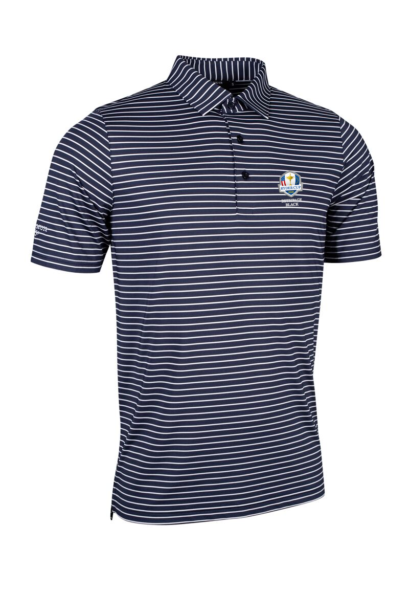 Official Ryder Cup 2025 Mens Pencil Stripe Tailored Collar Performance Golf Shirt Navy/White S