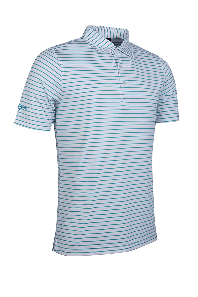 Mens Pencil Stripe Tailored Collar Performance Golf Shirt Sale White/Lagoon L