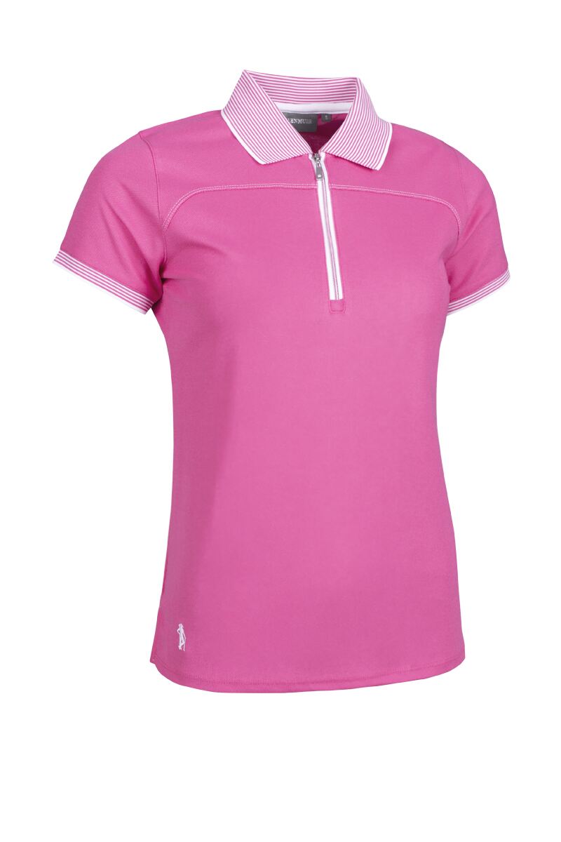 Ladies Quarter Zip Performance Pique Golf Polo Shirt Sale Hot Pink/White S
