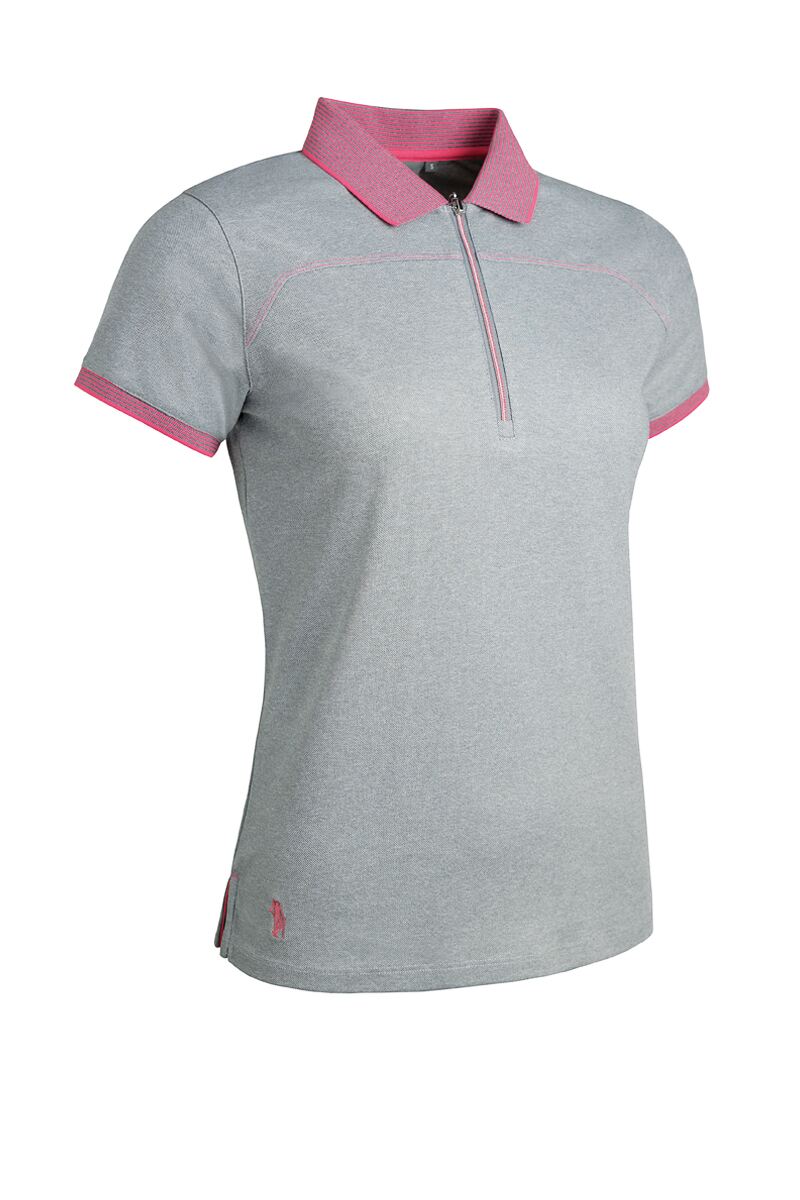 Ladies Quarter Zip Performance Pique Golf Polo Shirt Sale Light Grey Marl/Sorbet S