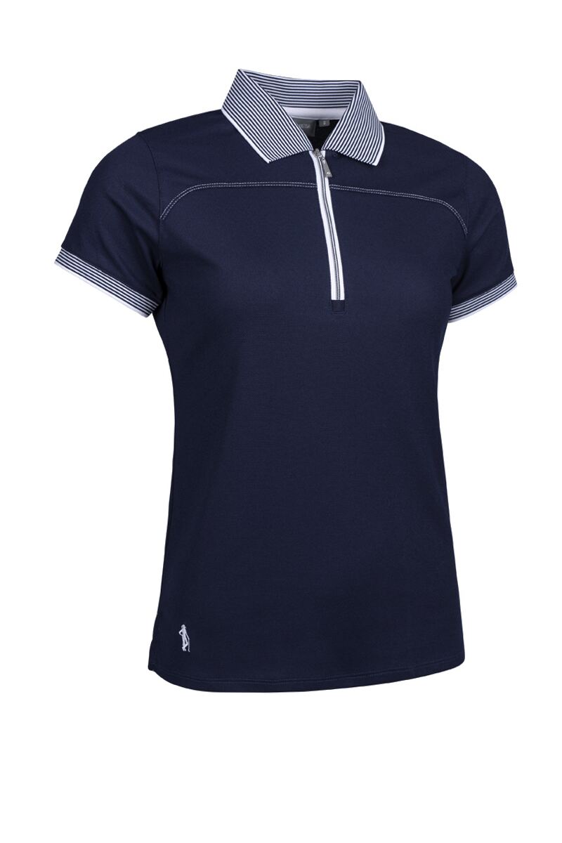 Ladies Quarter Zip Performance Pique Golf Polo Shirt Navy/White XL