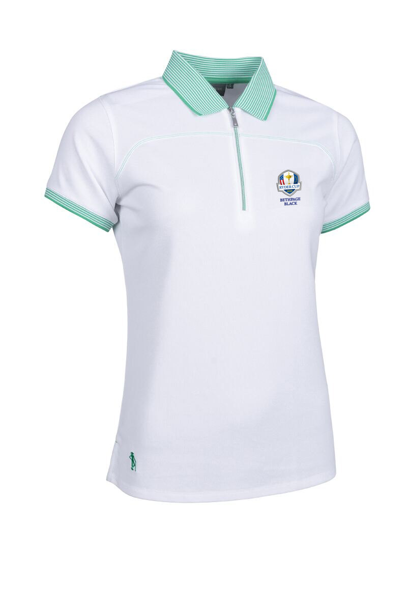 Official Ryder Cup 2025 Ladies Quarter Zip Performance Pique Golf Polo Shirt White/Marine Green XL