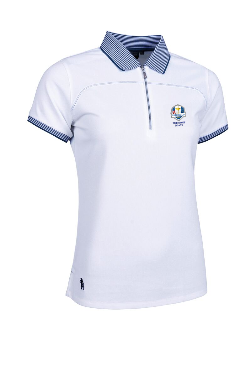 Official Ryder Cup 2025 Ladies Quarter Zip Performance Pique Golf Polo Shirt White/Navy XXL