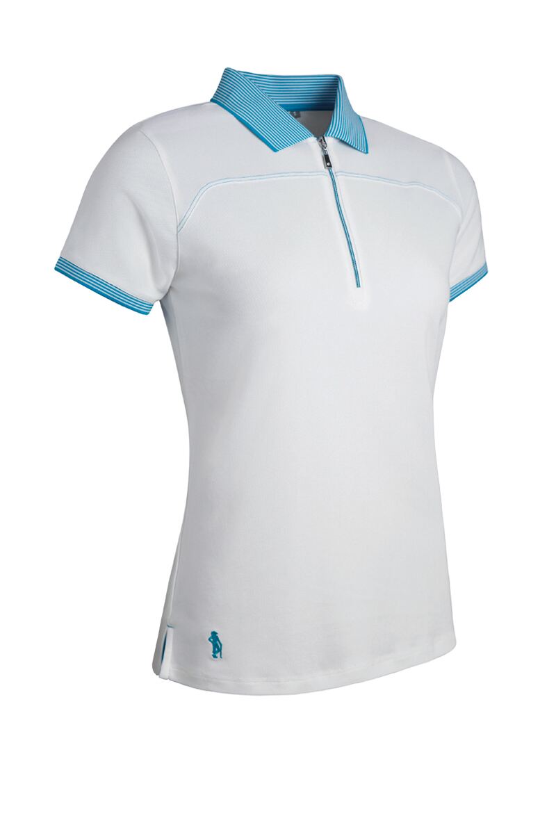 Ladies Quarter Zip Performance Pique Golf Polo Shirt Sale White/Cobalt S