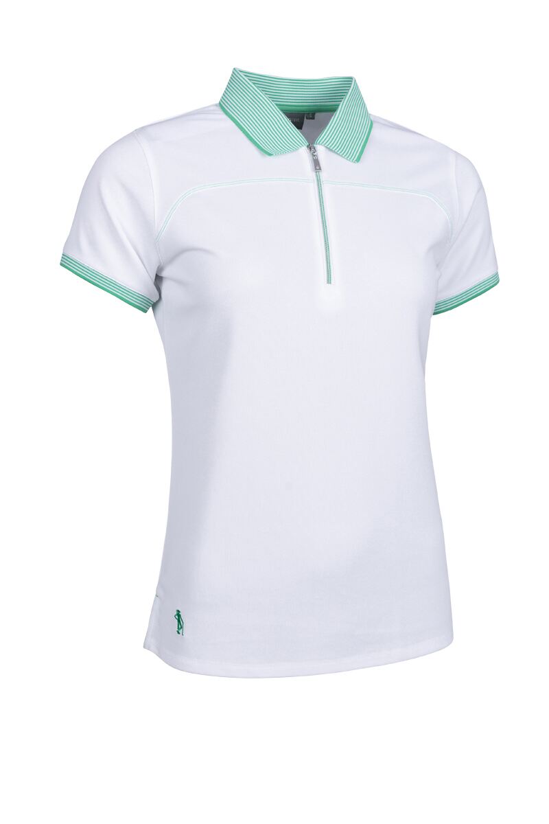 Ladies Quarter Zip Performance Pique Golf Polo Shirt White/Marine Green S
