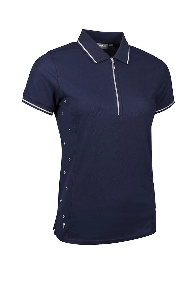 Diamante Panel Zip Performance Pique Golf Shirt Sale