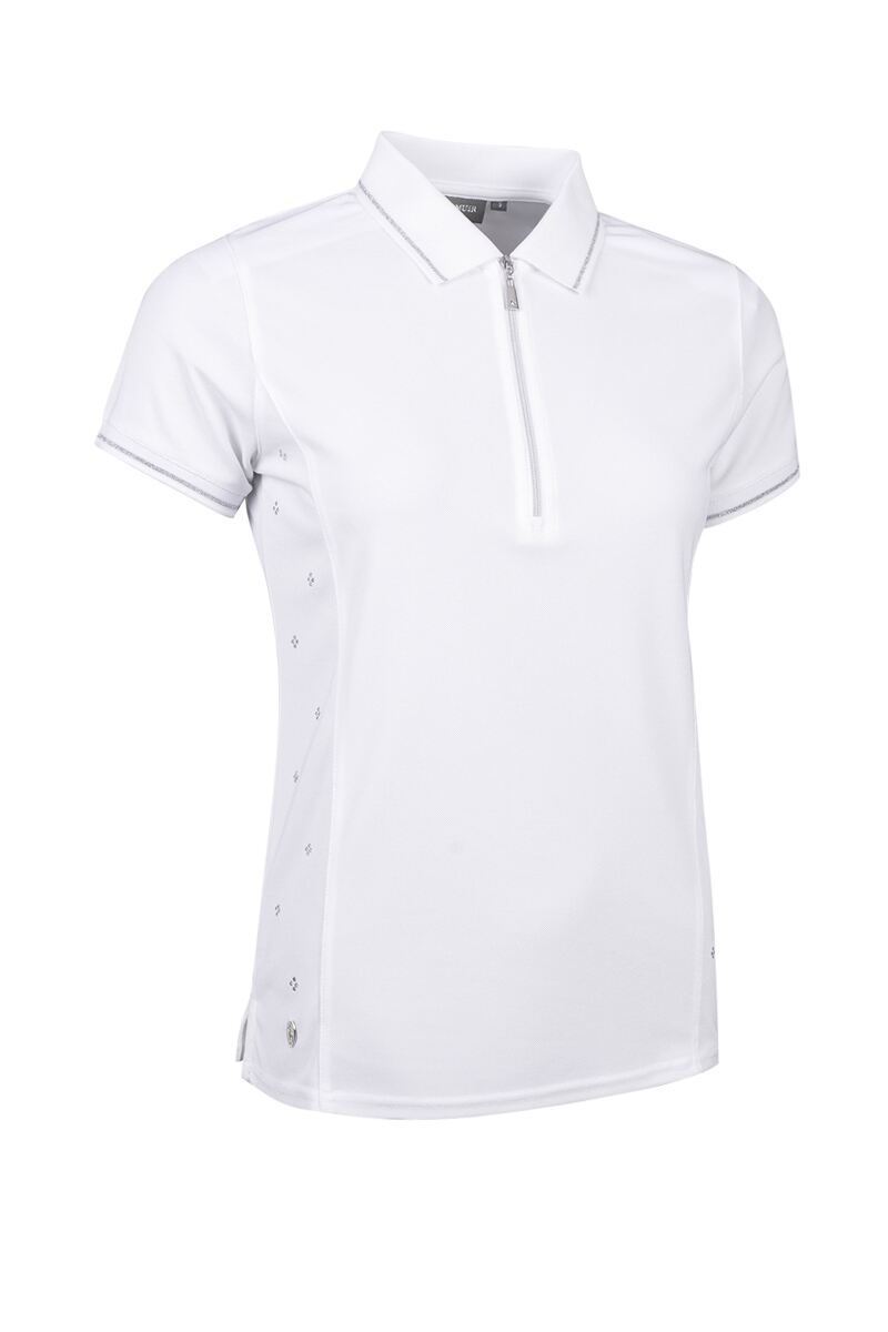 Ladies Diamante Panel Zip Performance Pique Golf Shirt White/Silver XXL