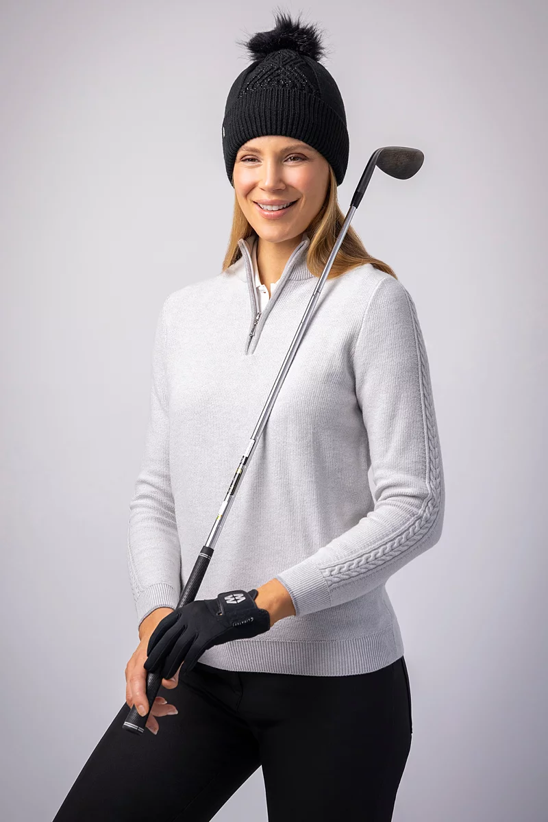 Ladies Quarter Zip Cable Sleeve Touch of Cashmere Golf Sweater Ladies Quarter Zip Cable Sleeve Touch of Cashmere Golf Sweater
