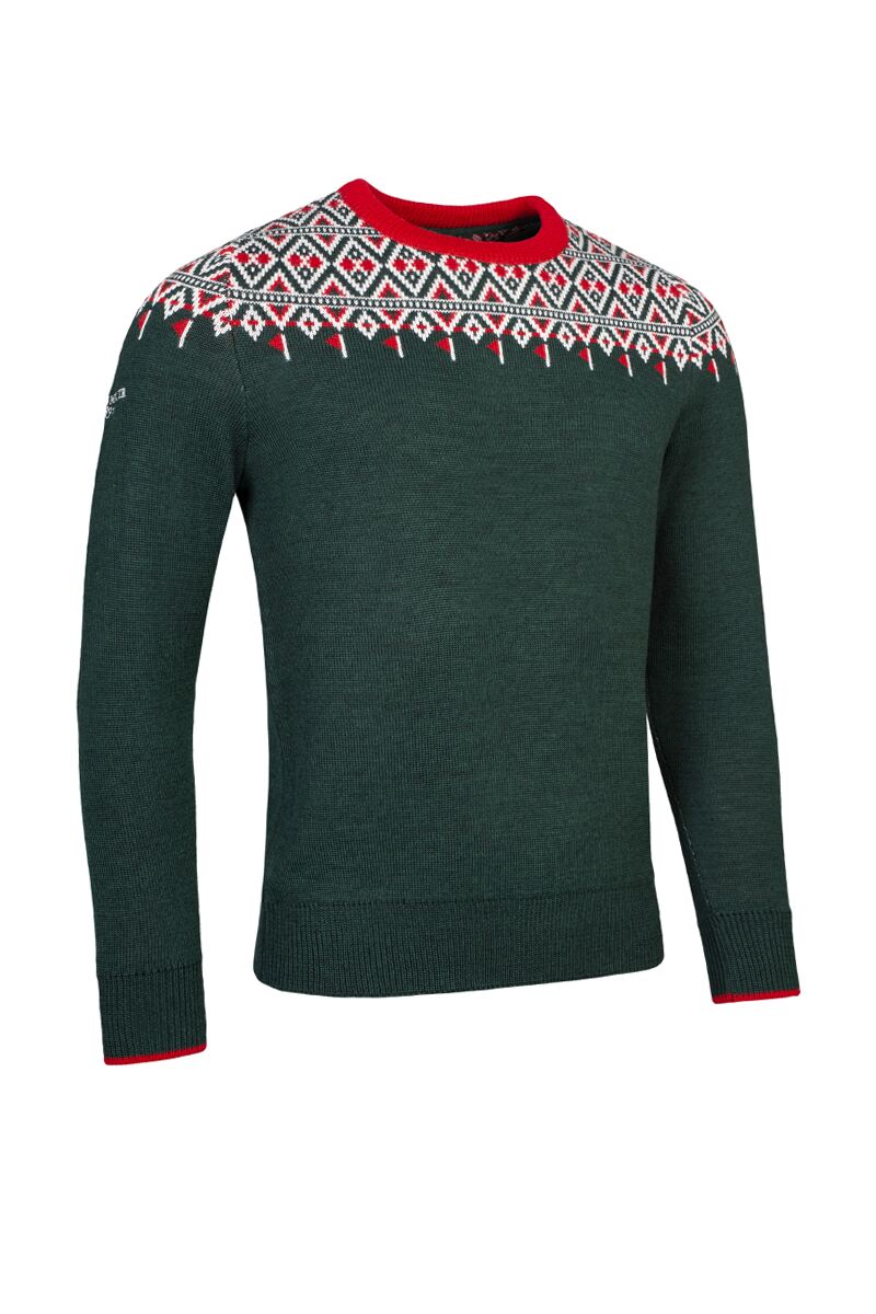 Mens Round Neck Fairisle Golf Flags Merino Blend Christmas Sweater Tartan Green/White/Garnet S
