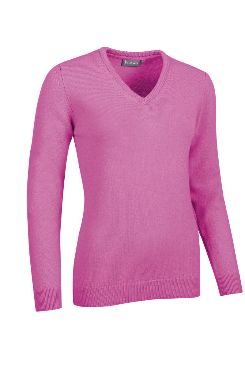 Ladies V Neck Lambswool Golf Sweater Hot Pink L