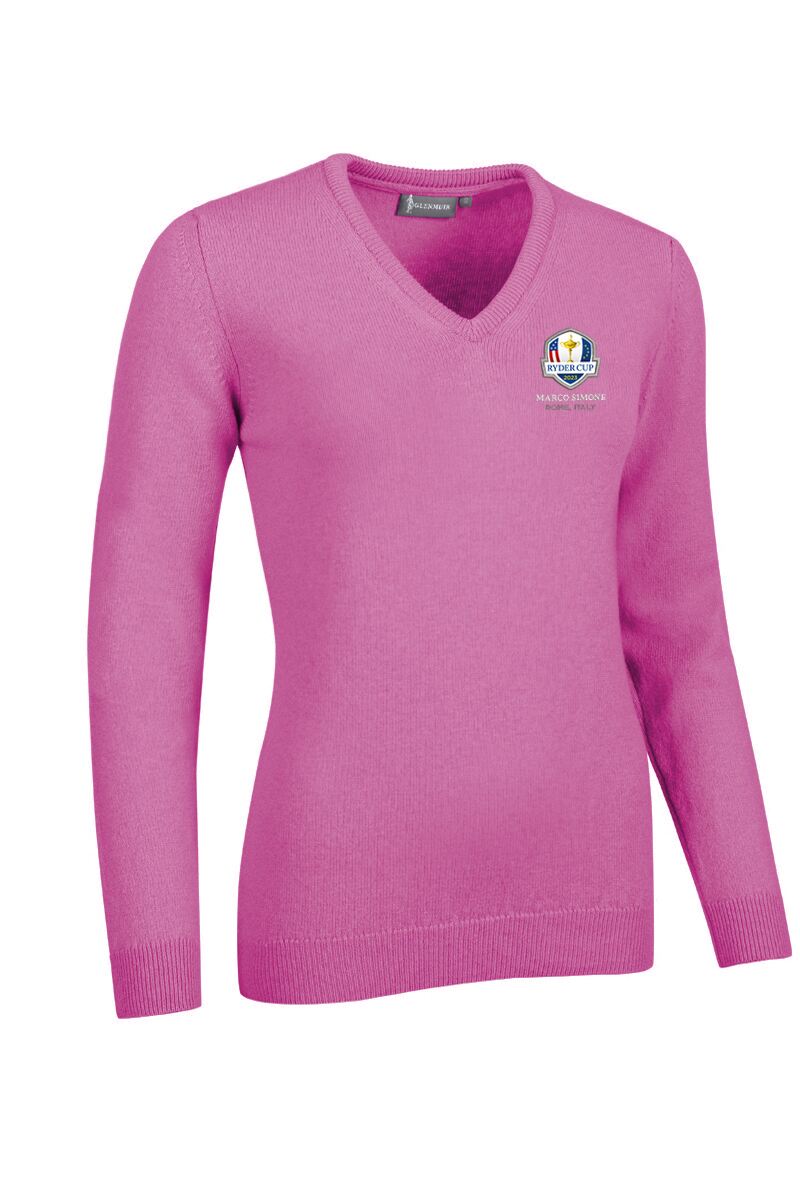 Official Ryder Cup 2025 Ladies V Neck Lambswool Golf Sweater Hot Pink L