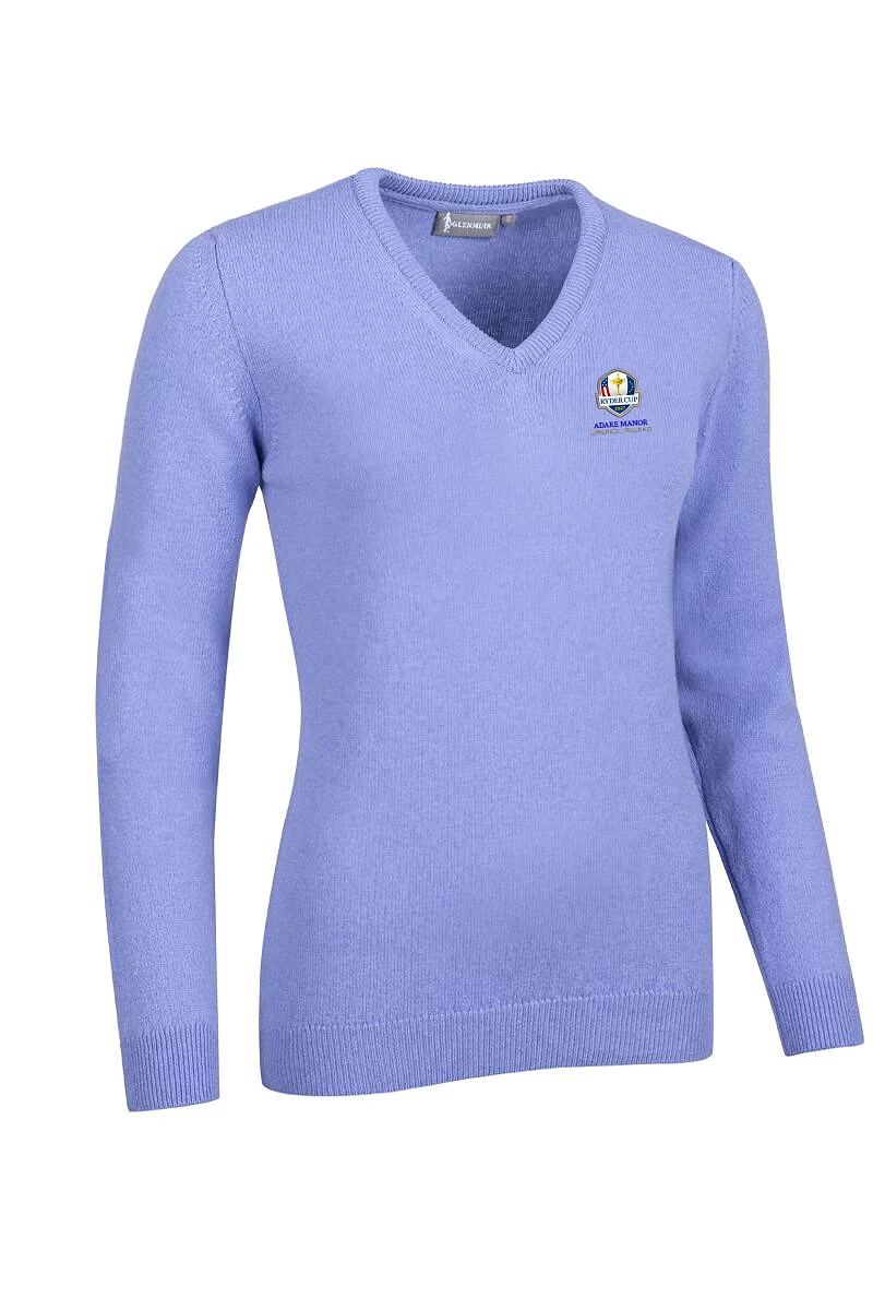 Official Ryder Cup 2027 Ladies V Neck Lambswool Midweight Golf Sweater Light Blue XXL