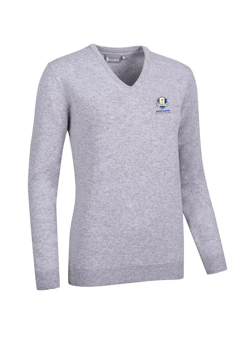 Official Ryder Cup 2027 Ladies V Neck Lambswool Midweight Golf Sweater Light Grey Marl M