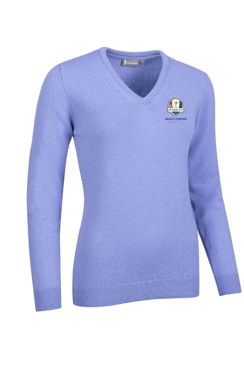 Official Ryder Cup 2025 Ladies V Neck Lambswool Golf Sweater Light Blue M