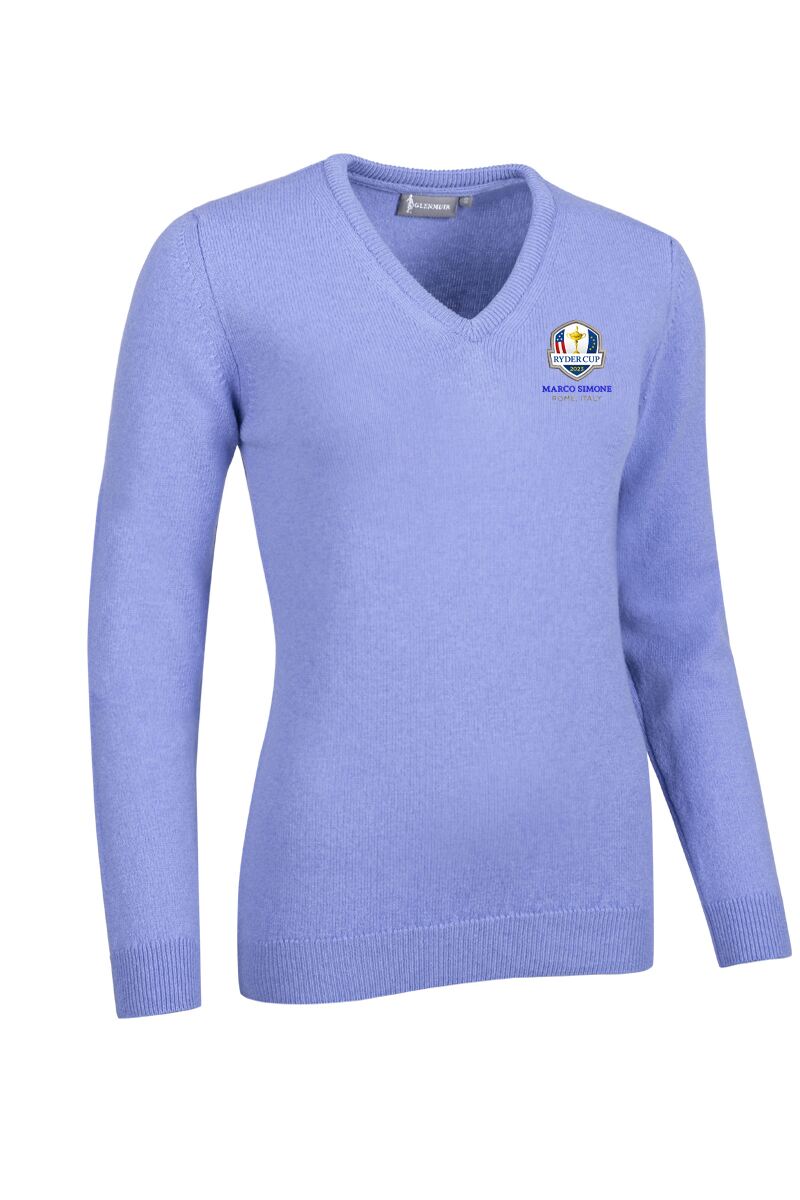 Official Ryder Cup 2025 Ladies V Neck Lambswool Golf Sweater Light Blue XXL