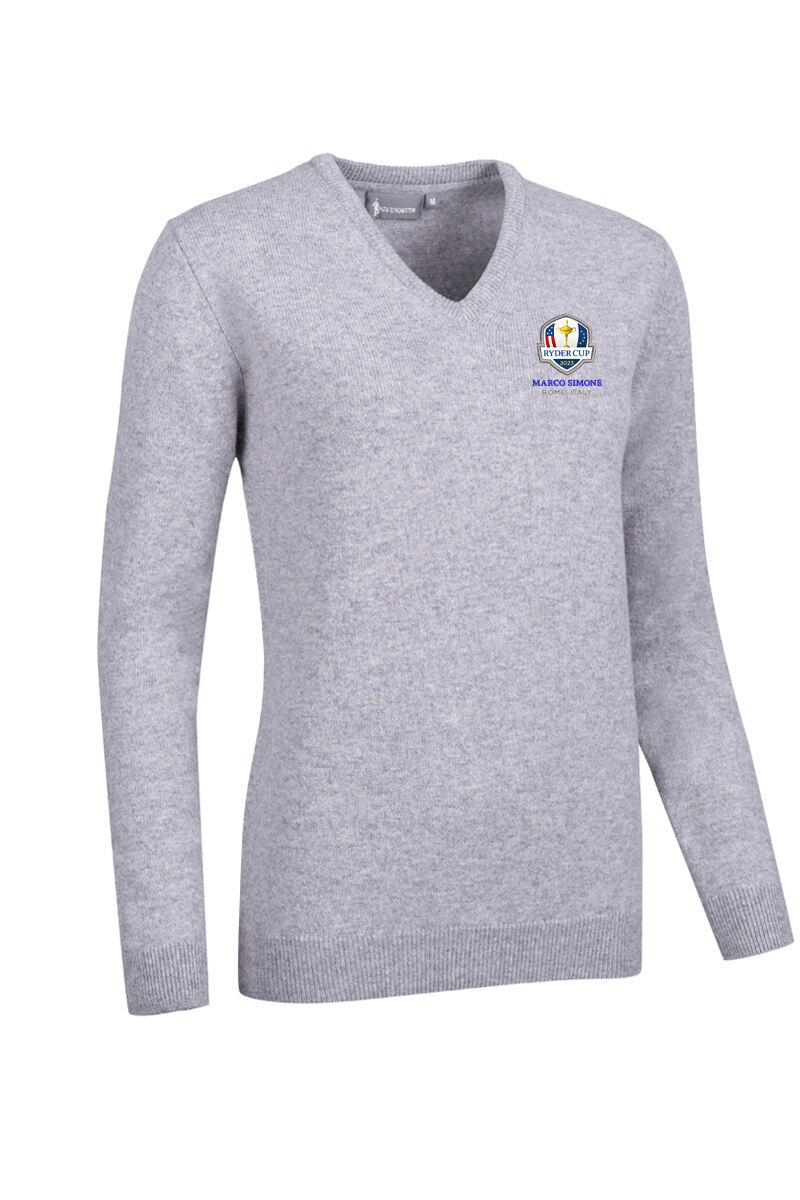 Official Ryder Cup 2025 Ladies V Neck Lambswool Golf Sweater Light Grey Marl XXL