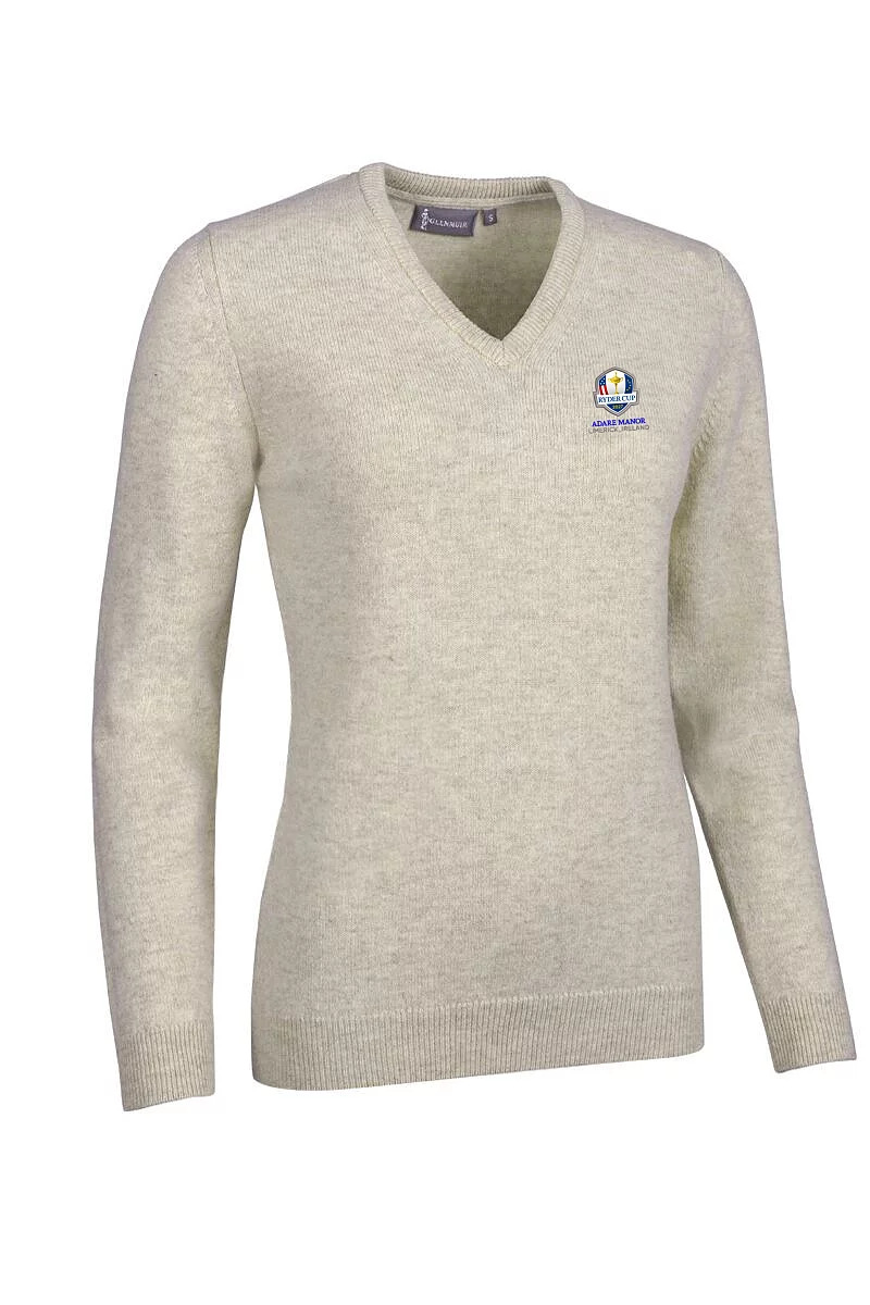 Official Ryder Cup 2027 Ladies V Neck Lambswool Midweight Golf Sweater Linen Marl S