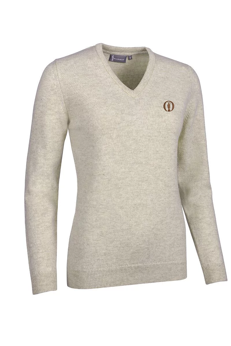 Official Ryder Cup 2027 Ladies V Neck Lambswool Midweight Golf Sweater Linen Marl L