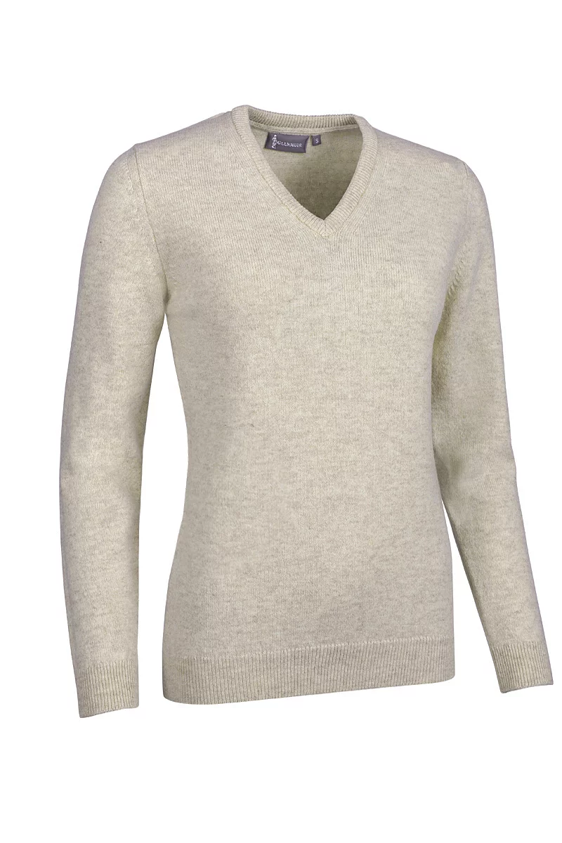 Official Ryder Cup 2027 Ladies V Neck Lambswool Midweight Golf Sweater Linen Marl XXL