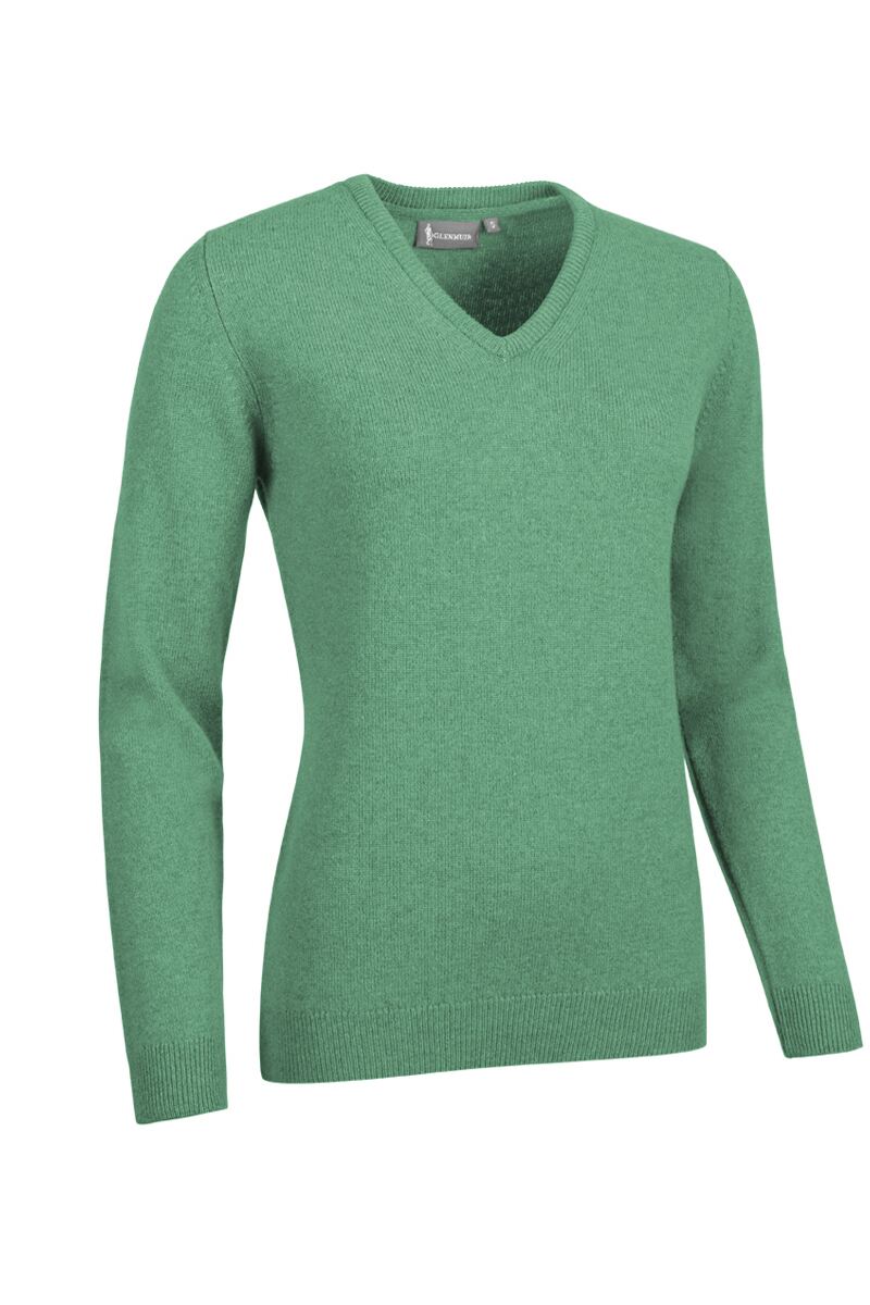 Ladies V Neck Lambswool Golf Sweater Marine Green Marl XL