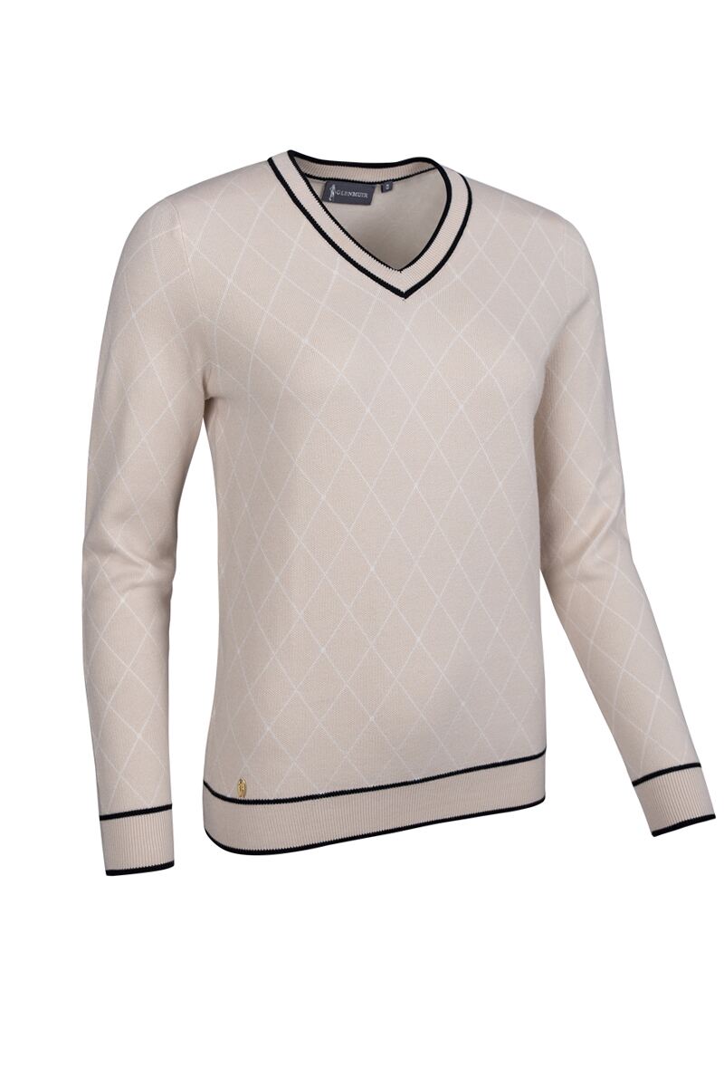 Ladies V Neck Diamond Intarsia Cotton Lightweight Golf Sweater