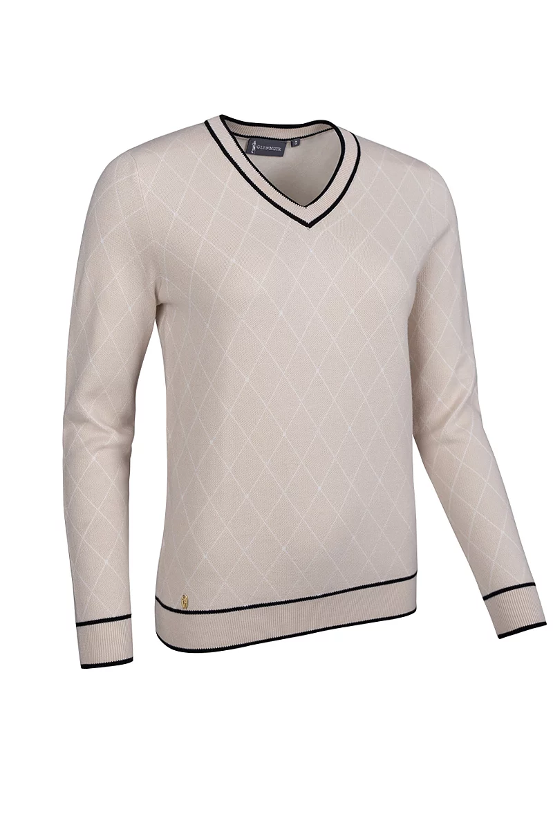 Official Ryder Cup 2027 Ladies V Neck Diamond Intarsia Cotton Lightweight Golf Sweater Linen/Black XXL
