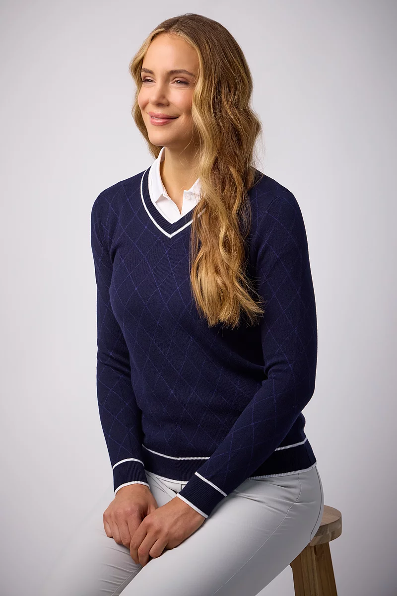 Ladies V Neck Diamond Intarsia Cotton Lightweight Golf Sweater