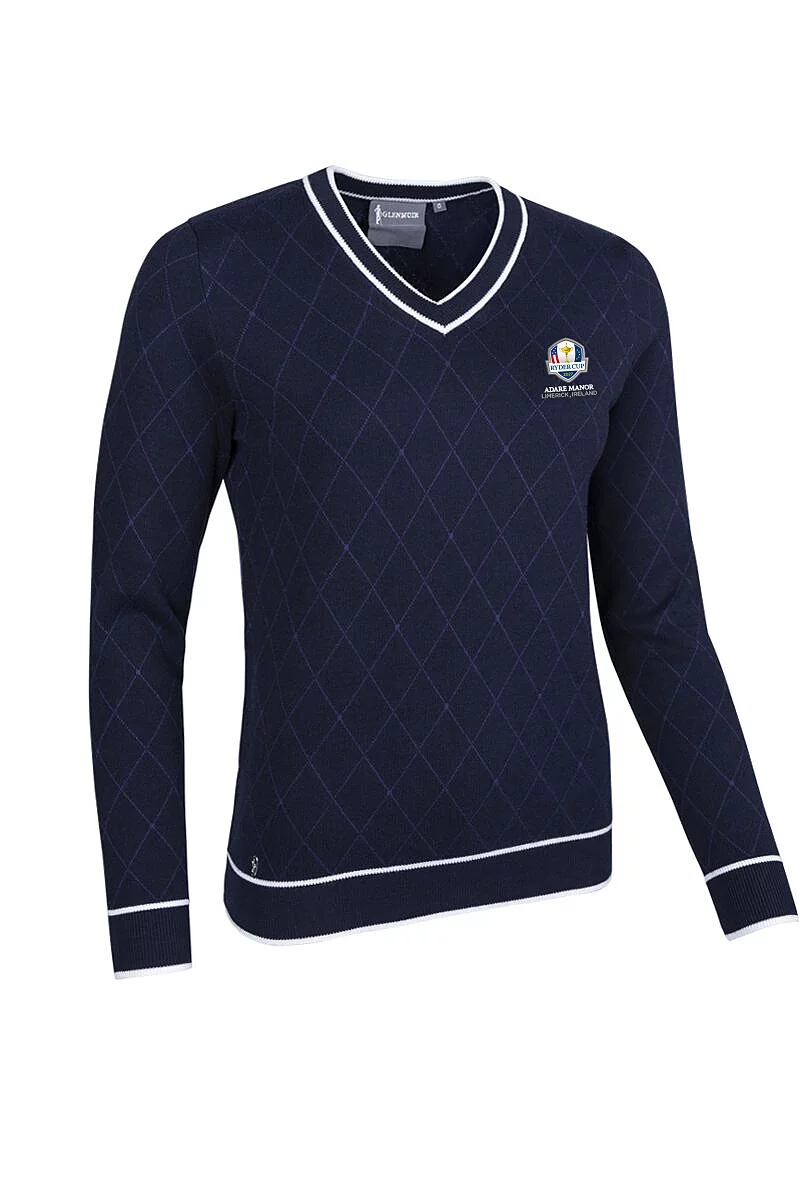 Official Ryder Cup 2027 Ladies V Neck Diamond Intarsia Cotton Lightweight Golf Sweater Navy/White L