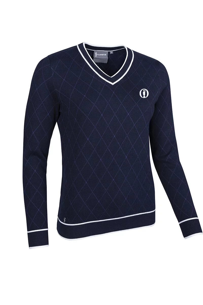 Official Ryder Cup 2027 Ladies V Neck Diamond Intarsia Cotton Lightweight Golf Sweater Navy/White XXL