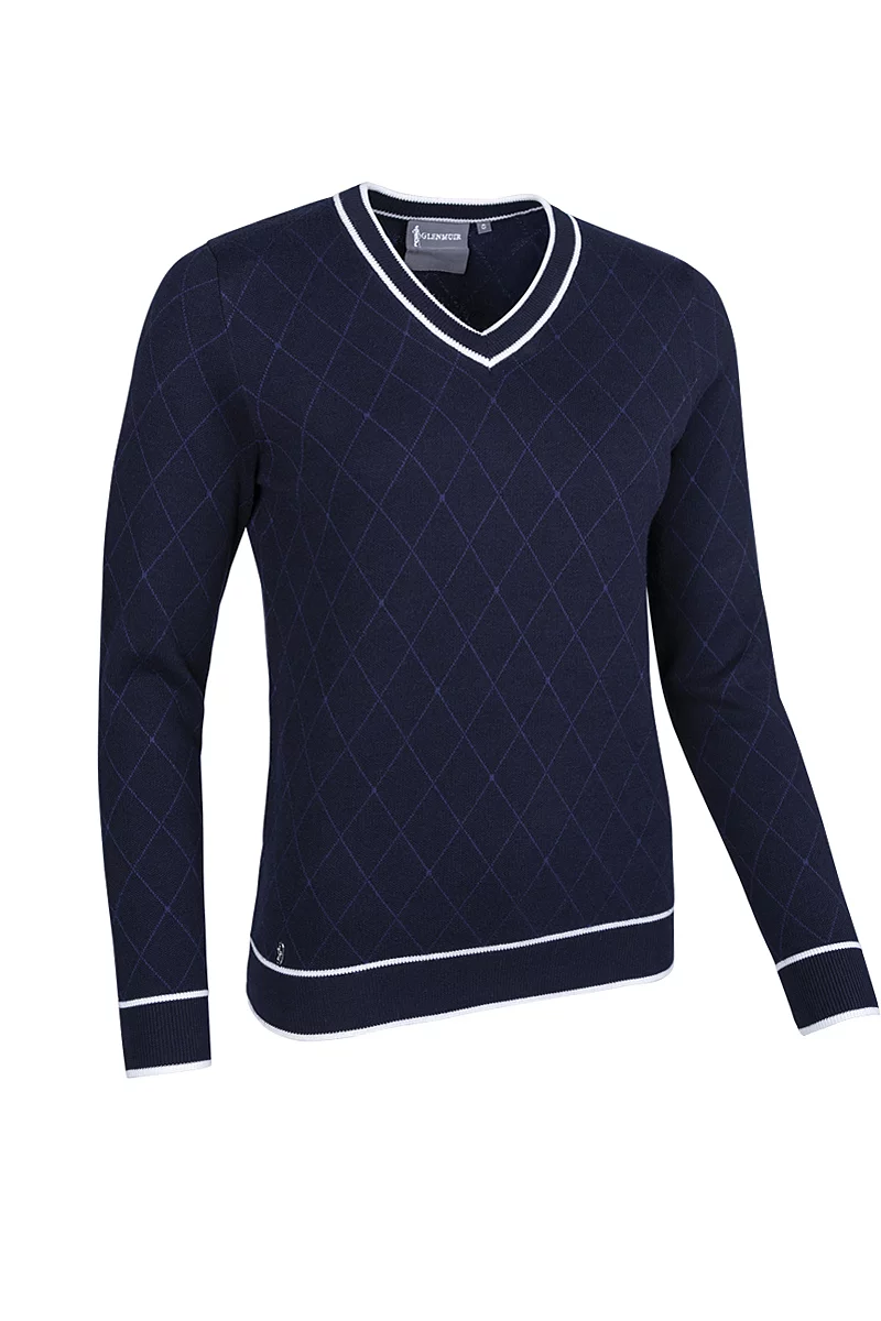 Official Ryder Cup 2027 Ladies V Neck Diamond Intarsia Cotton Lightweight Golf Sweater Navy/White M