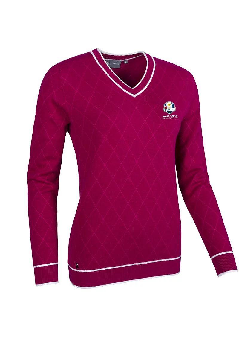 Official Ryder Cup 2027 Ladies V Neck Diamond Intarsia Cotton Lightweight Golf Sweater Raspberry/White M