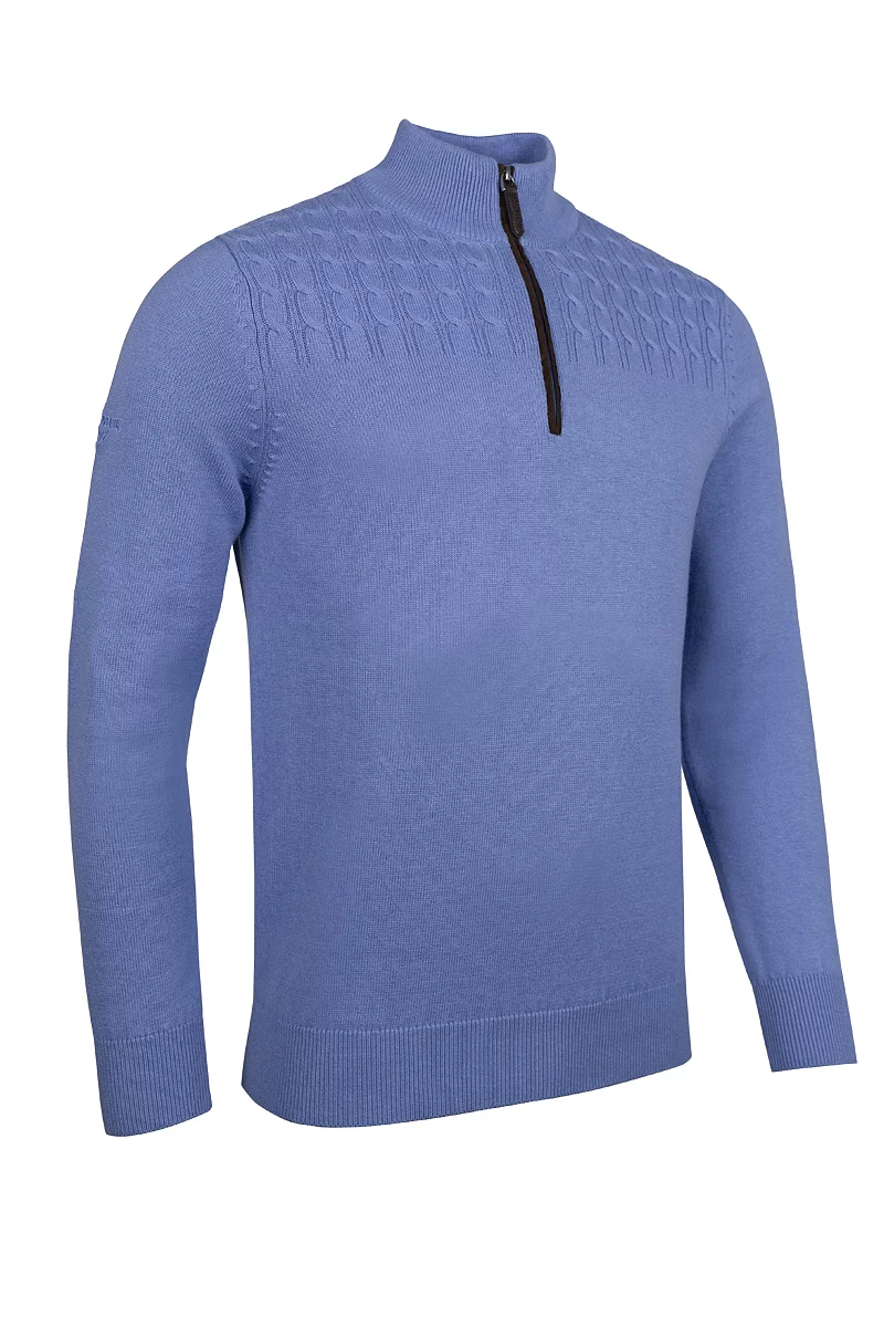 Mens Quarter Zip Cable Shoulder Touch of Cashmere Midweight Golf Sweater Sale Light Blue XL