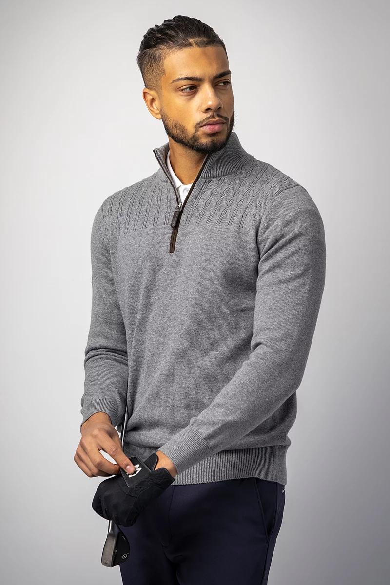 The Open 2025 Mens Quarter Zip Cable Shoulder Touch of Cashmere Golf Sweater The Open 2025 Mens Quarter Zip Cable Shoulder Touch of Cashmere Golf Sweater
