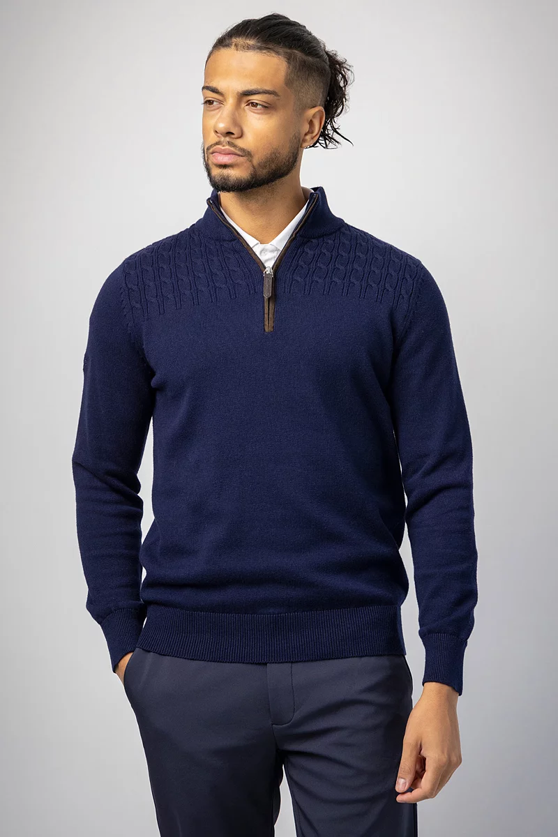 The Open 2025 Mens Quarter Zip Cable Shoulder Touch of Cashmere Golf Sweater The Open 2025 Mens Quarter Zip Cable Shoulder Touch of Cashmere Golf Sweater