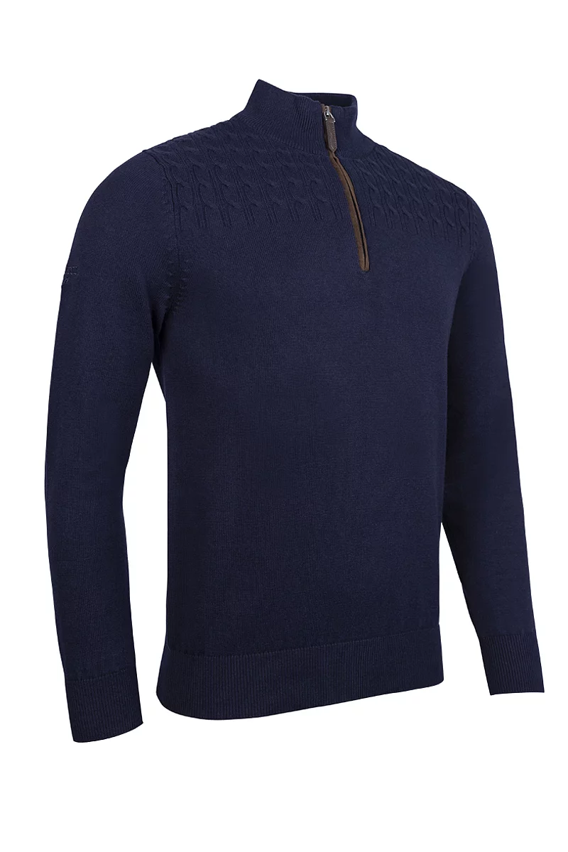 Mens Quarter Zip Cable Shoulder Touch of Cashmere Midweight Golf Sweater Sale Navy L