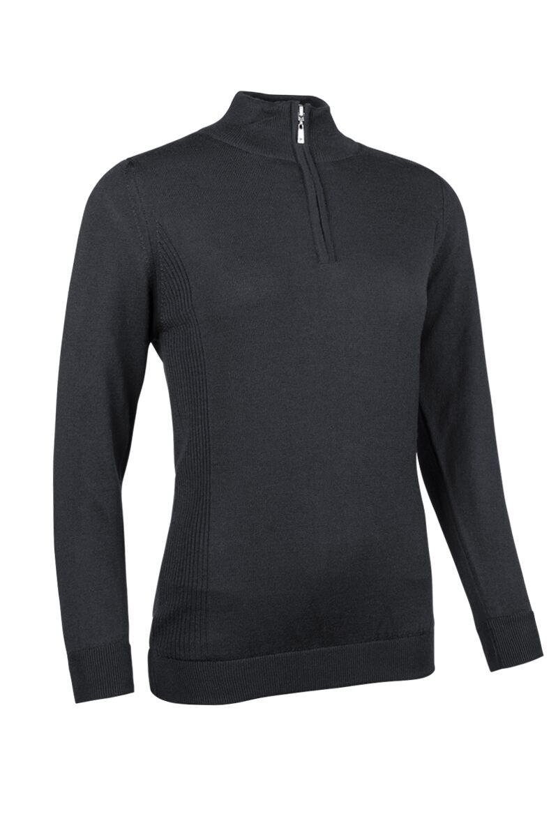 Ladies Quarter Zip Water Repellent Lined Rib Merino Blend Golf Sweater Charcoal Marl S
