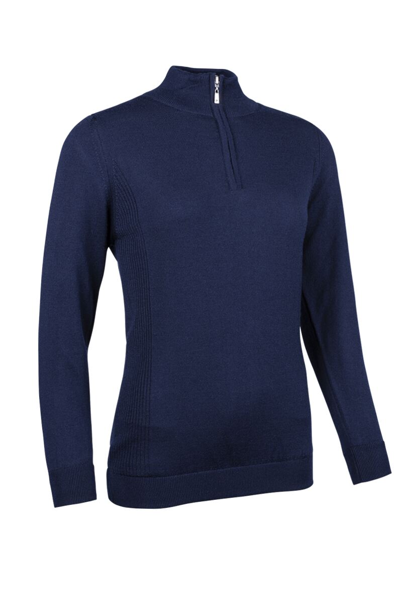 Ladies Quarter Zip Water Repellent Lined Rib Merino Blend Golf Sweater Navy Marl S