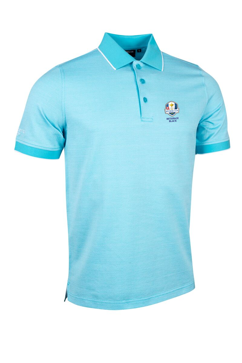 Official Ryder Cup 2025 Mens Micro Knit Mercerised Cotton Golf Shirt Aqua/White M