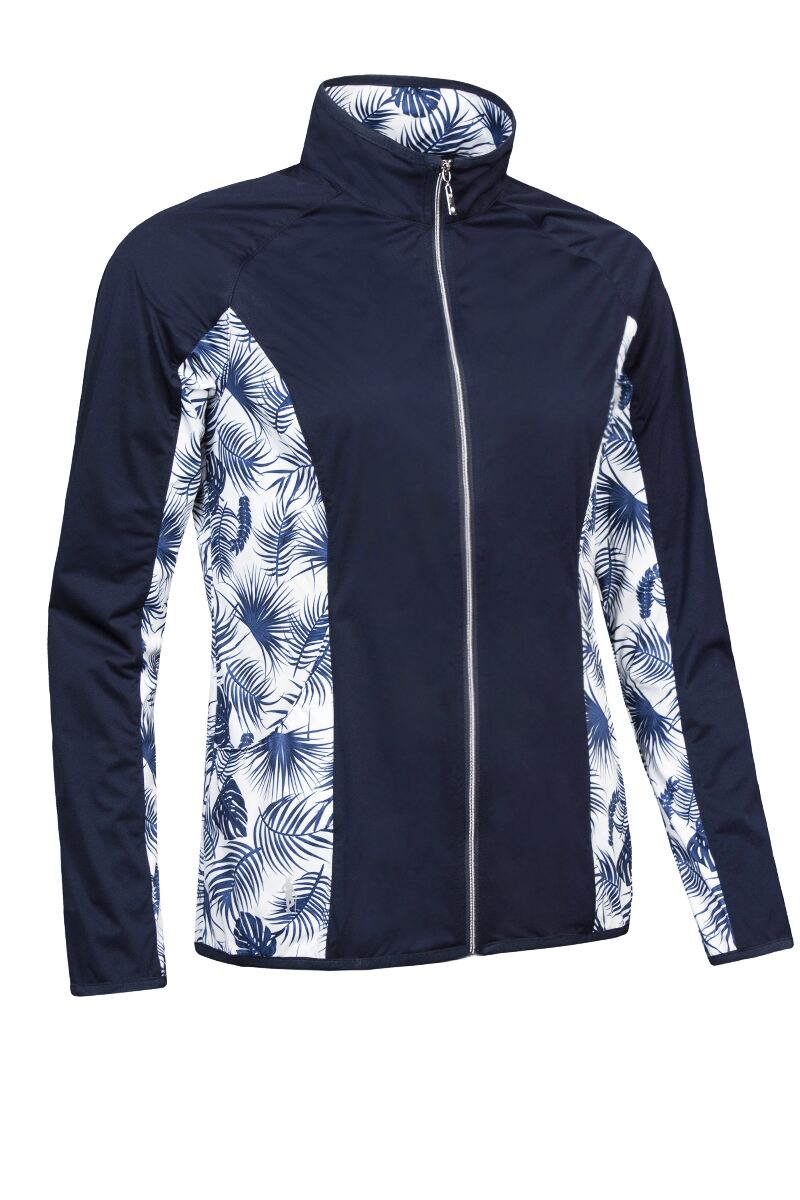Ladies Zip Front Water Repellent Golf Jacket Navy/White Tropical Print S