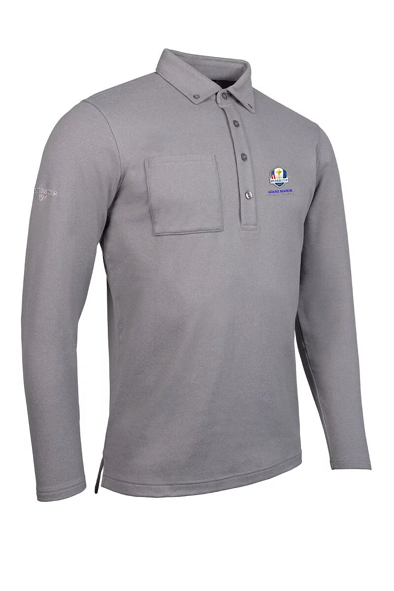 Official Ryder Cup 2027 Mens Long Sleeve Thermal Performance Golf Polo Shirt Light Grey Marl XL