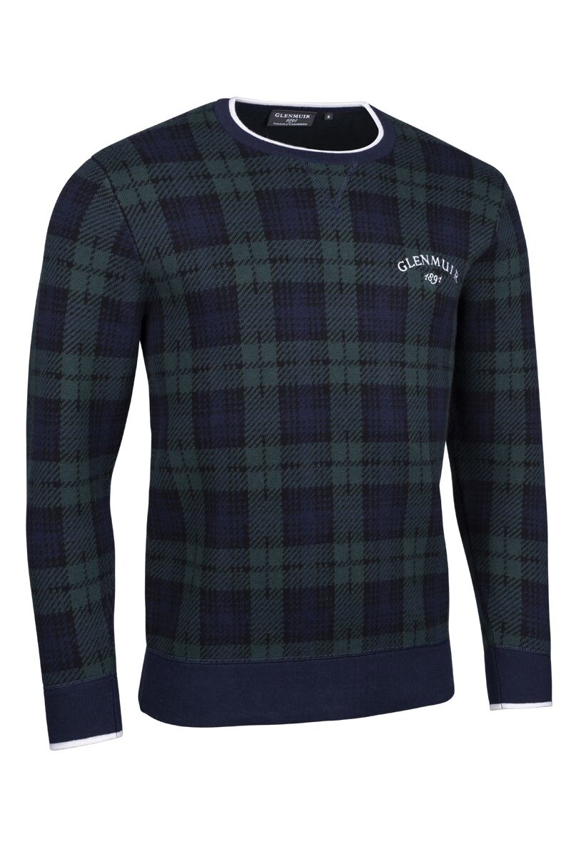 Mens and Ladies Crew Neck V Insert Tipped Touch of Cashmere 1891 Heritage Sweatshirt Tartan/White S