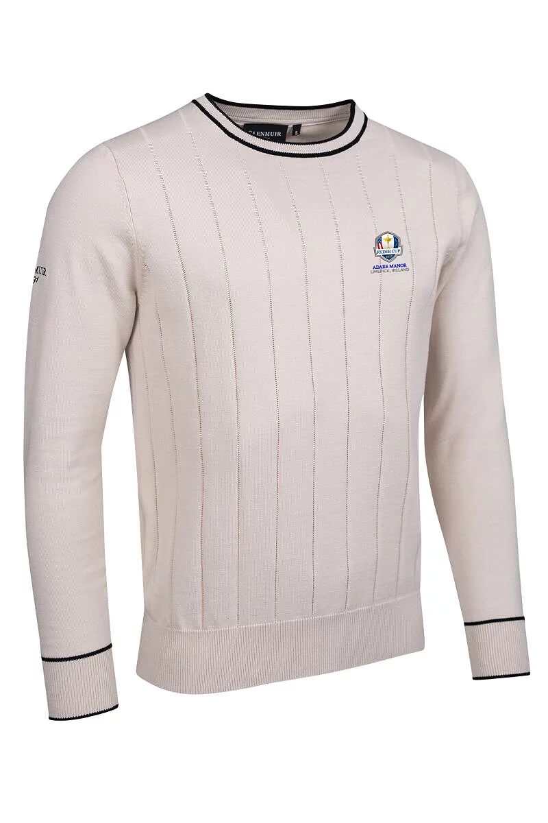 Official Ryder Cup 2027 Mens Crew Neck Vertical Stitch Cotton Lightweight Golf Sweater Linen/Black XXL