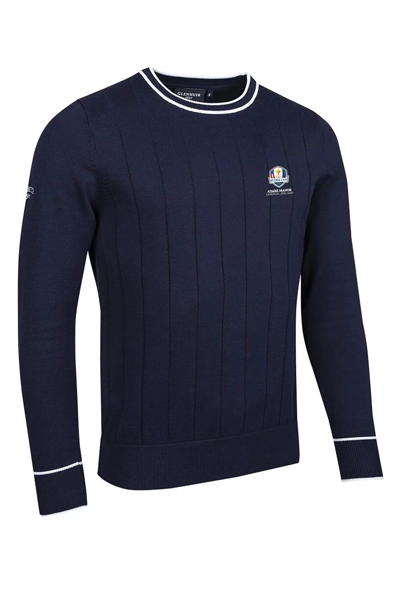 Official Ryder Cup 2027 Mens Crew Neck Vertical Stitch Cotton Lightweight Golf Sweater Navy/White L