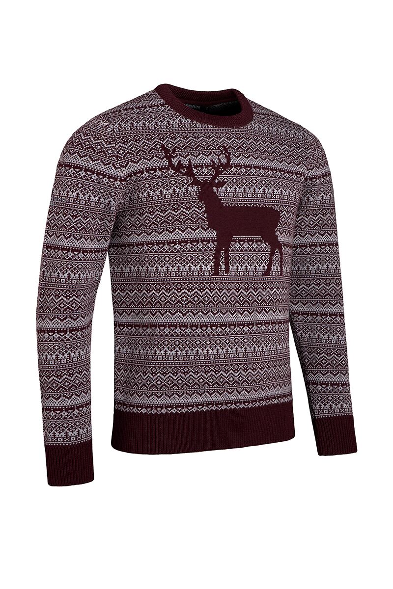 Mens Round Neck Fairisle Stag Merino Blend Christmas Sweater Blackgrape/Light Grey M
