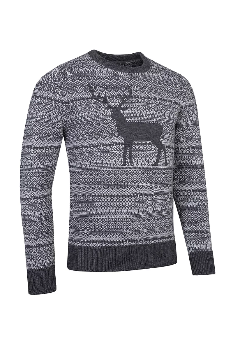 Mens Round Neck Fairisle Stag Merino Midweight Christmas Sweater Charcoal Marl/Light Grey M