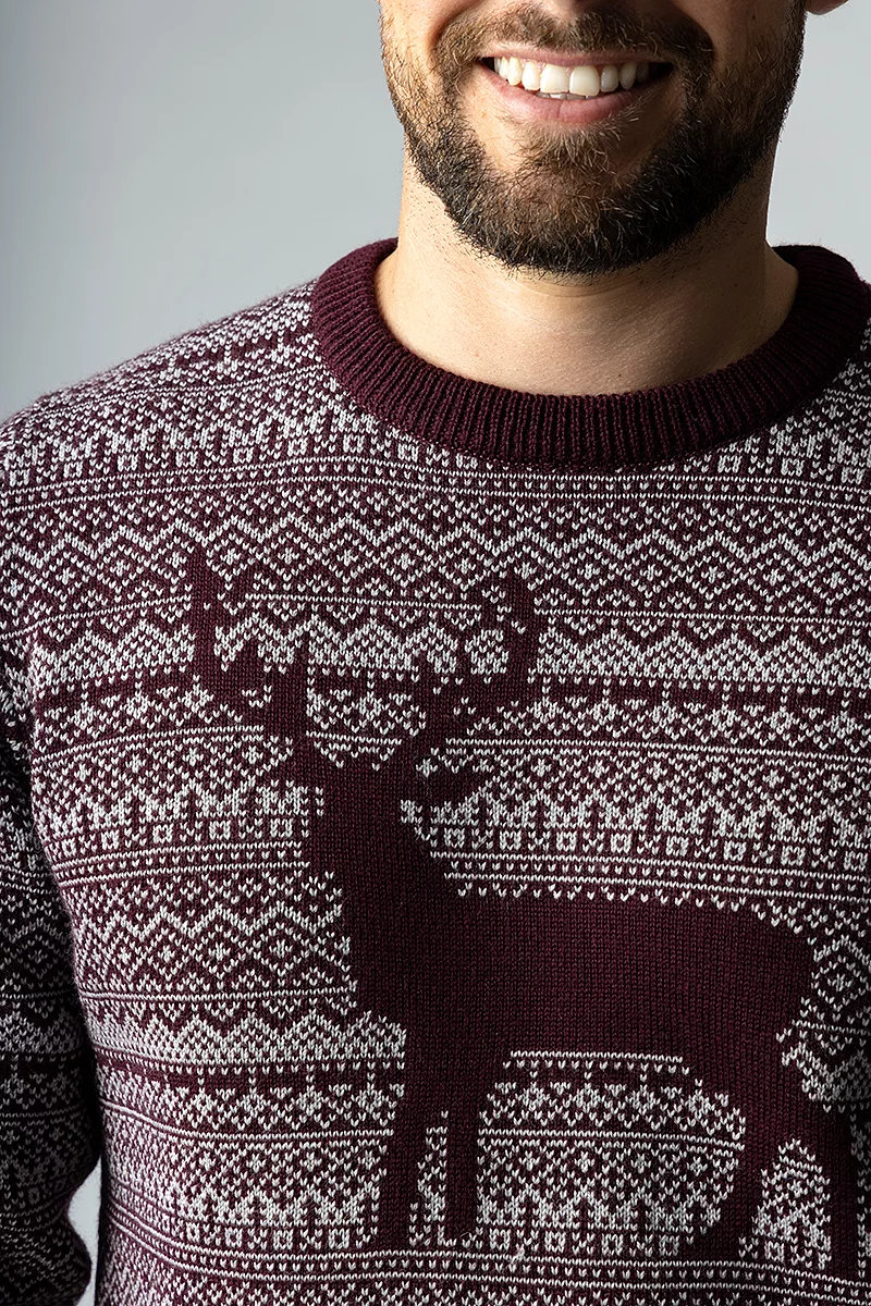 Mens Round Neck Fairisle Stag Merino Midweight Christmas Sweater Mens Round Neck Fairisle Stag Merino Midweight Christmas Sweater