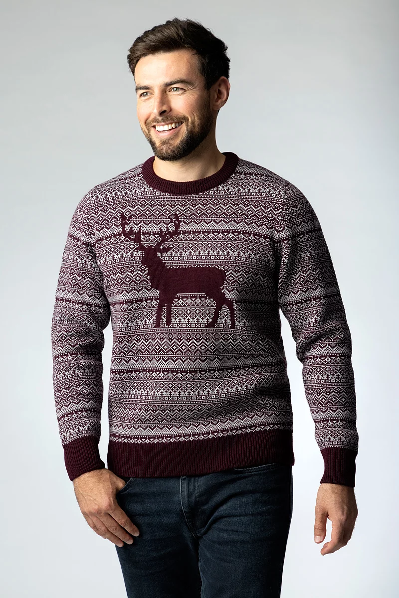 Mens Round Neck Fairisle Stag Merino Midweight Christmas Sweater Mens Round Neck Fairisle Stag Merino Midweight Christmas Sweater