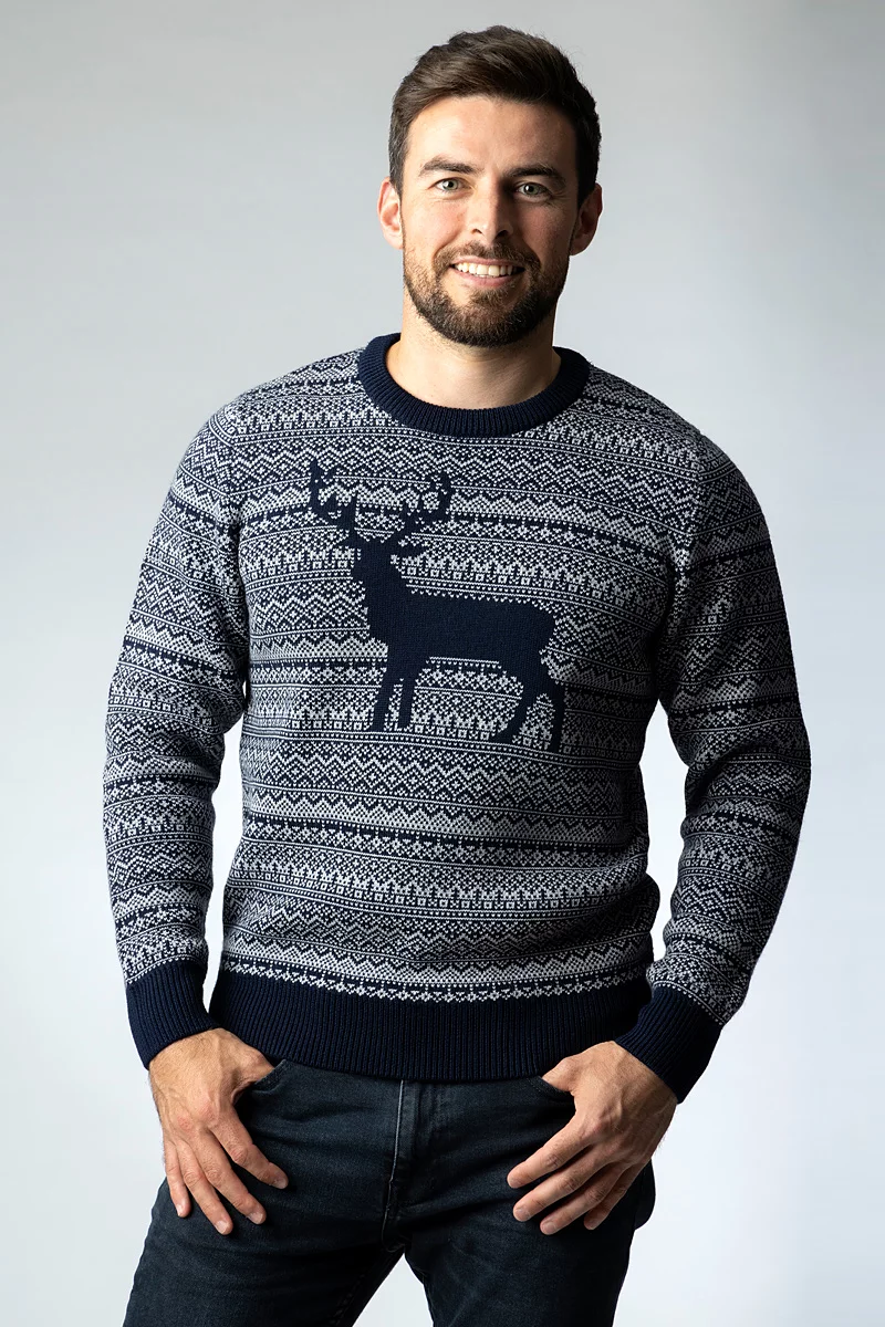 Mens Round Neck Fairisle Stag Merino Midweight Christmas Sweater Mens Round Neck Fairisle Stag Merino Midweight Christmas Sweater