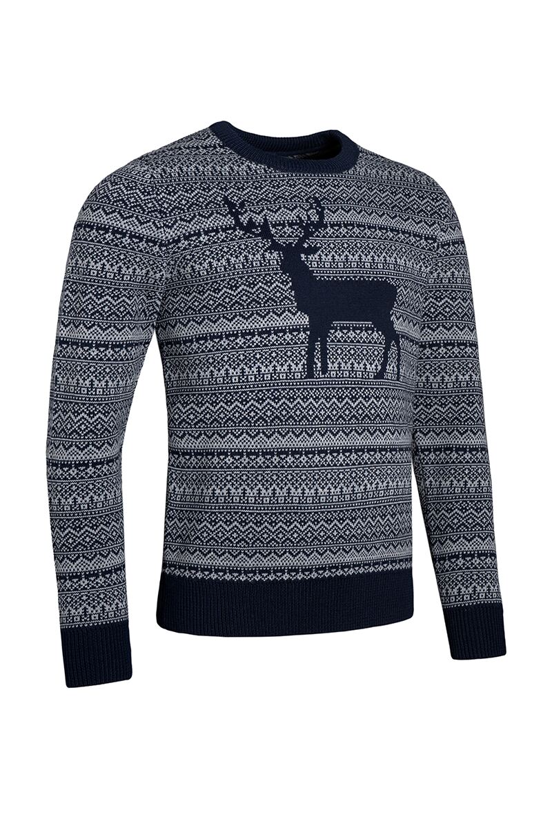 Mens Round Neck Fairisle Stag Merino Blend Christmas Sweater Navy/Light Grey S